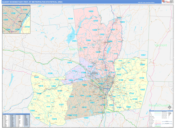 Albany-Schenectady-Troy Metro Area Wall Map Color Cast Style